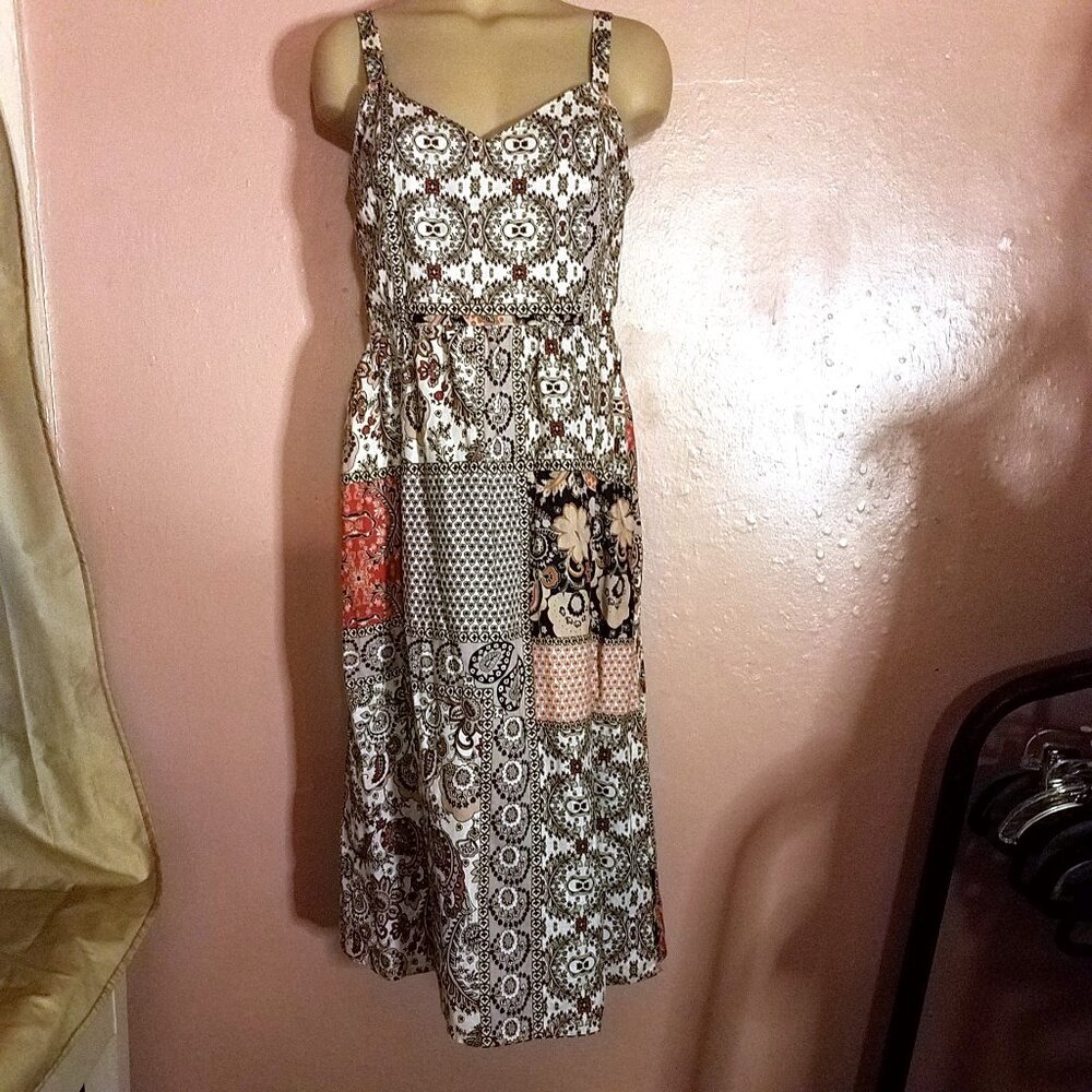 Rachel Zoe Linen Sun Dress~Hi Waist, Indian Patchwork Print Black Tan Red~8 NEW